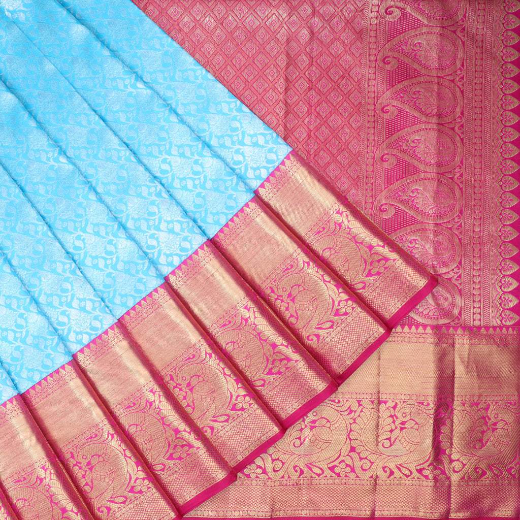 Sky Blue Kanjivaram Silk Saree With Jaal Design - Singhania's