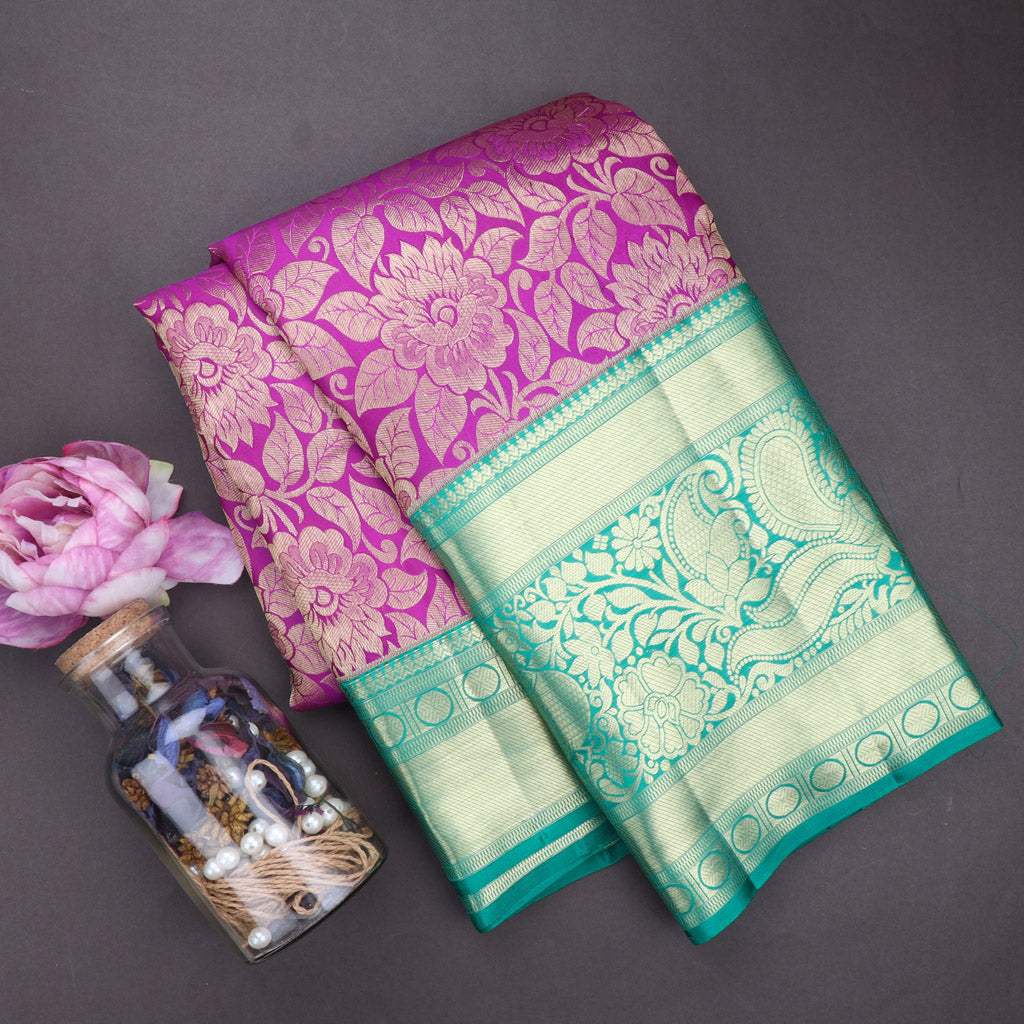 Magenta Pink Kanjivaram Silk Saree With Jaal Design - Singhania's