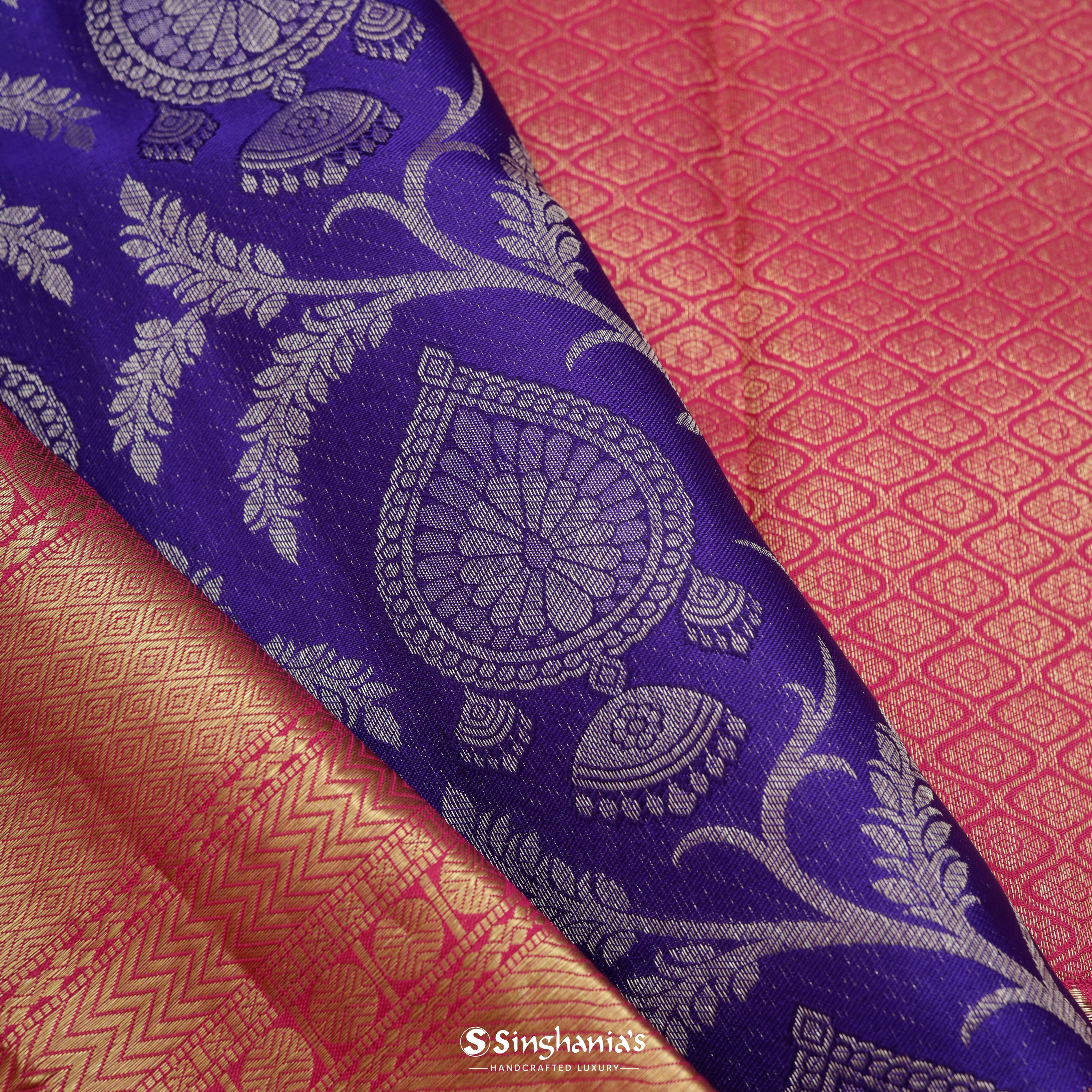 Bright Purple Silk Kanjivaram Handloom Saree With Floral Jaal Design