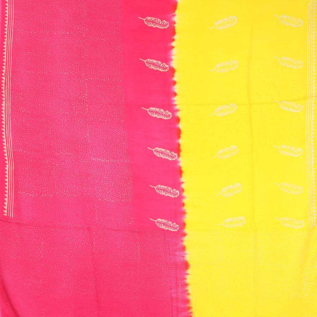 Yellow And Pink Satin Printed Saree With Leaf Pattern - Singhania's
