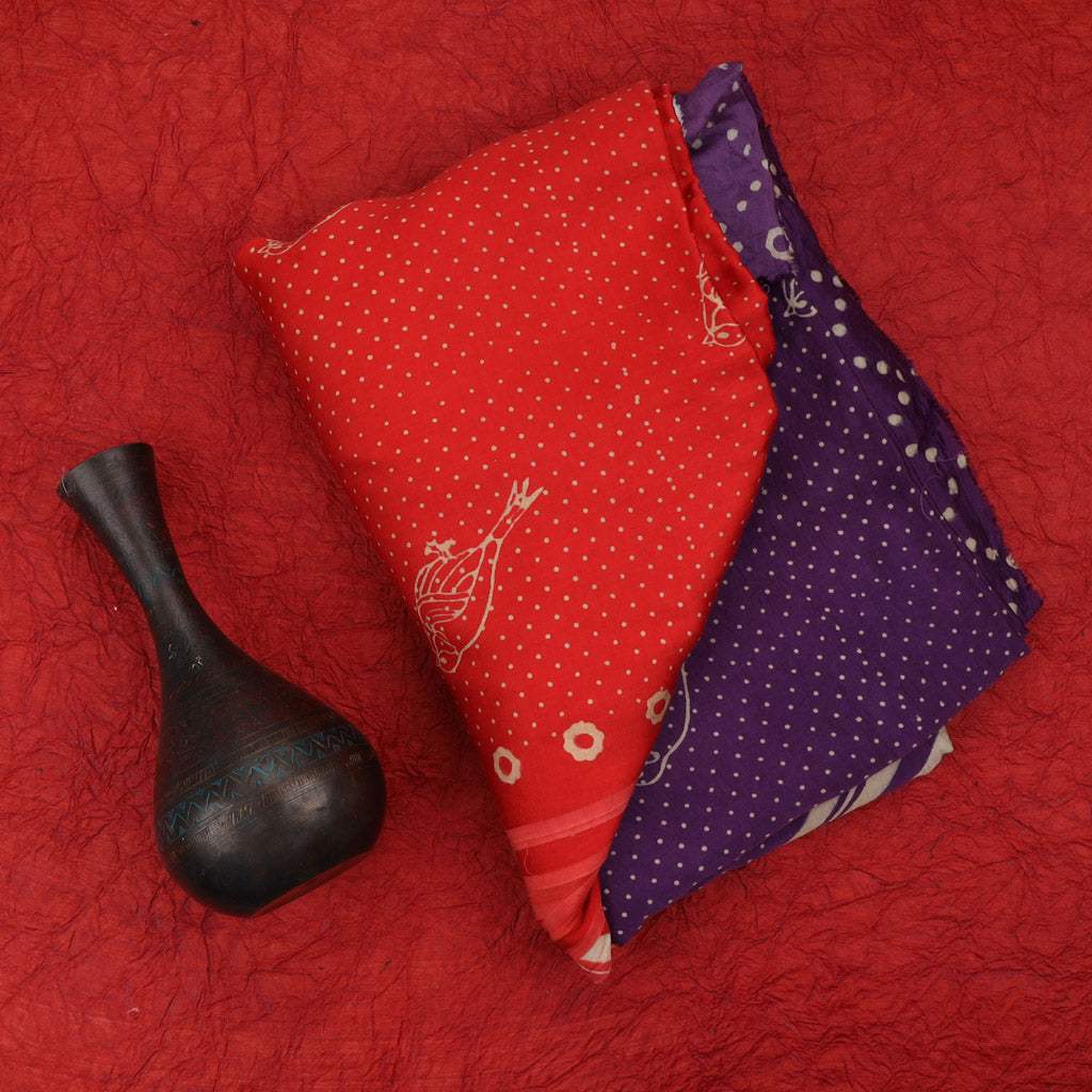 Violet And Brick Red Satin Printed Saree With Bird Pattern - Singhania's