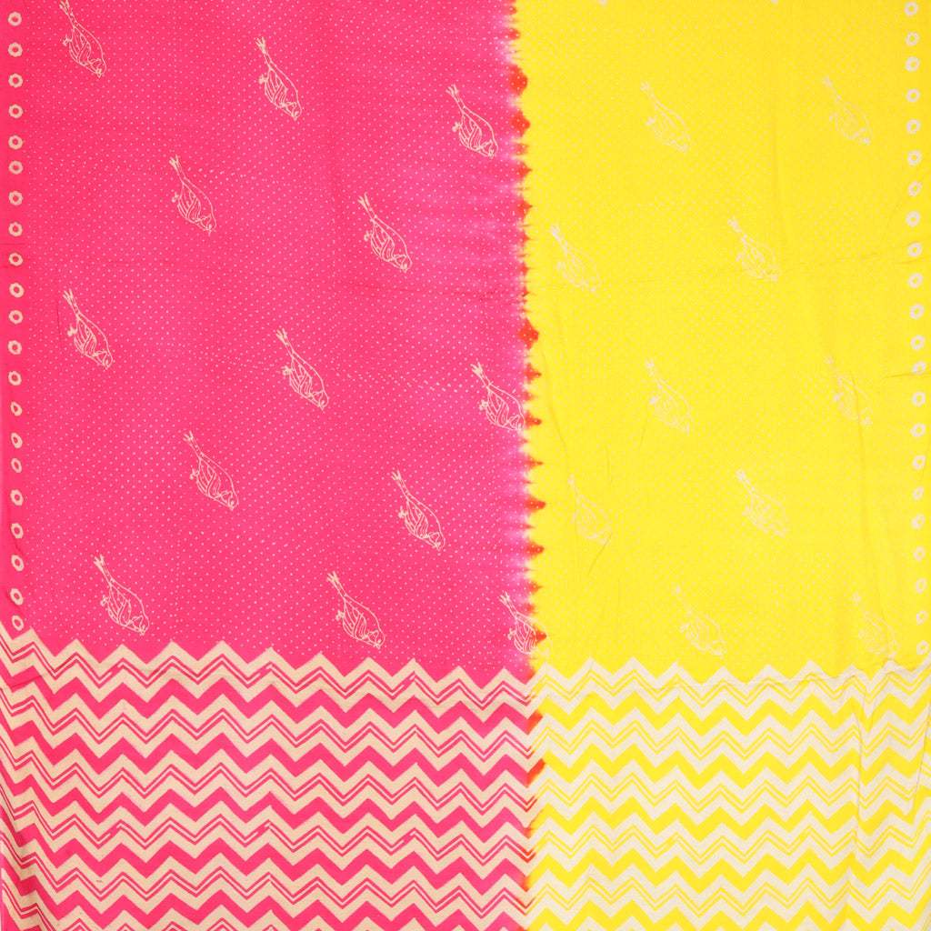 Yellow And Pink Satin Printed Saree With Bird Motif - Singhania's