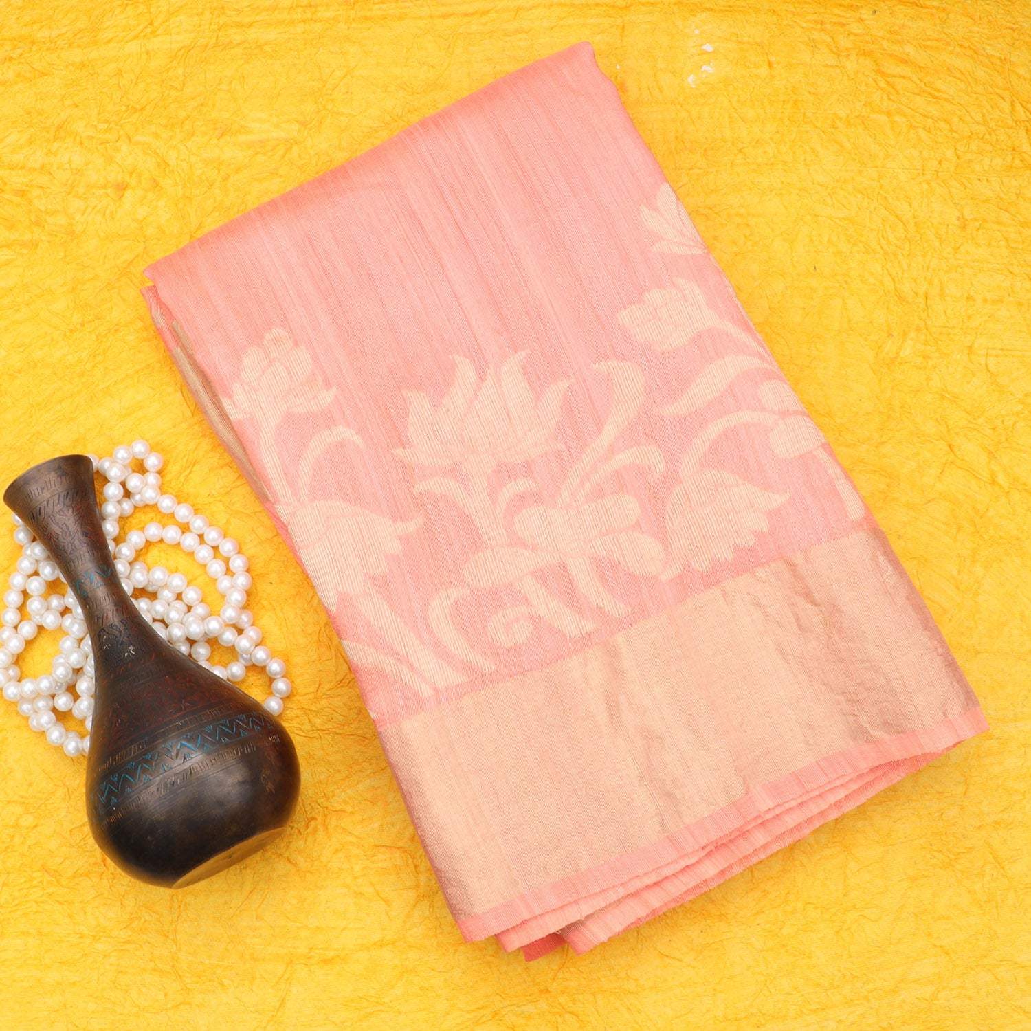 Coral Peach Tussar Banarasi Silk Saree - Singhania's
