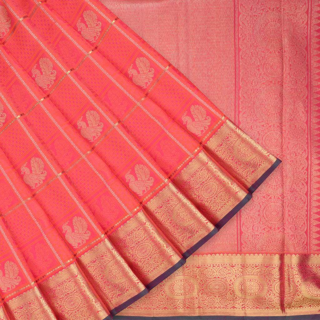 Coral Red Kanjivaram Silk Saree With Mayil Motifs - Singhania's
