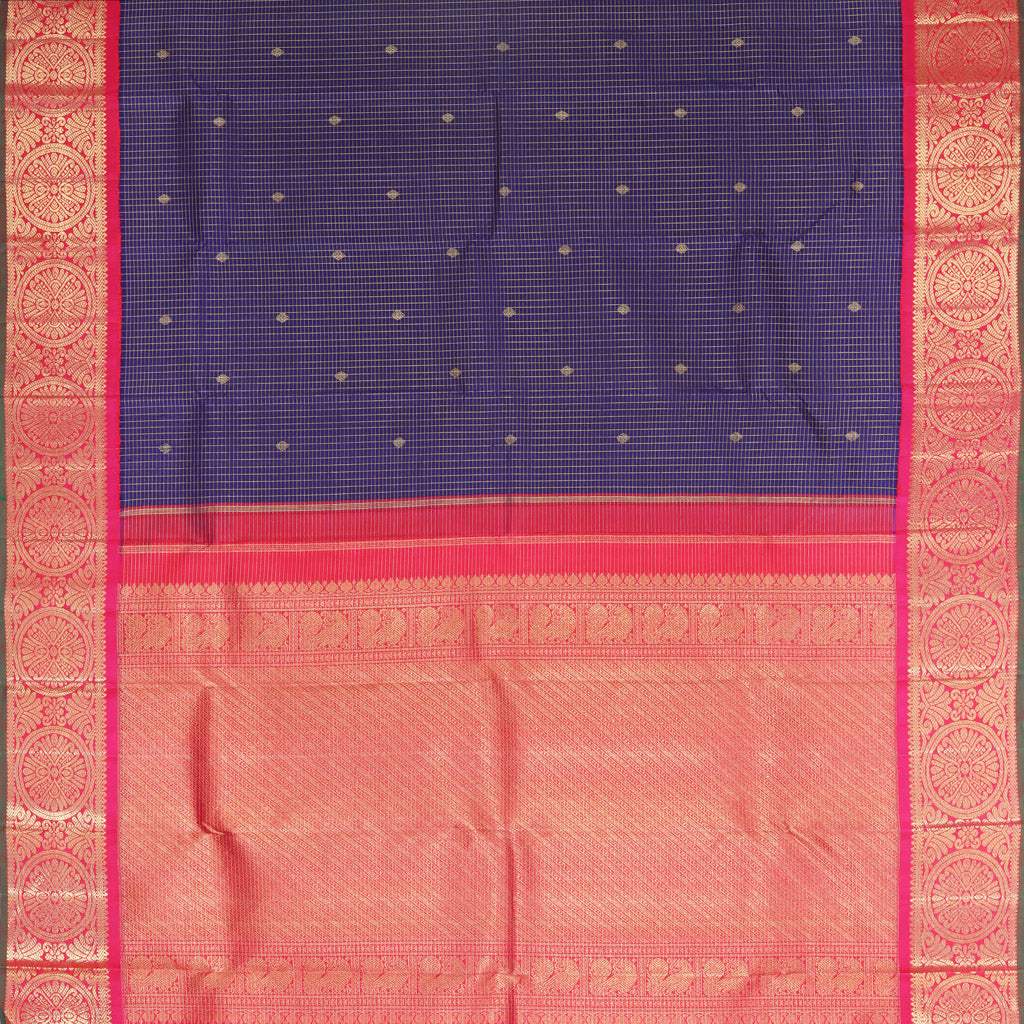 Dark Violet Korvai Kanjivaram Silk Saree With Checks Pattern - Singhania's