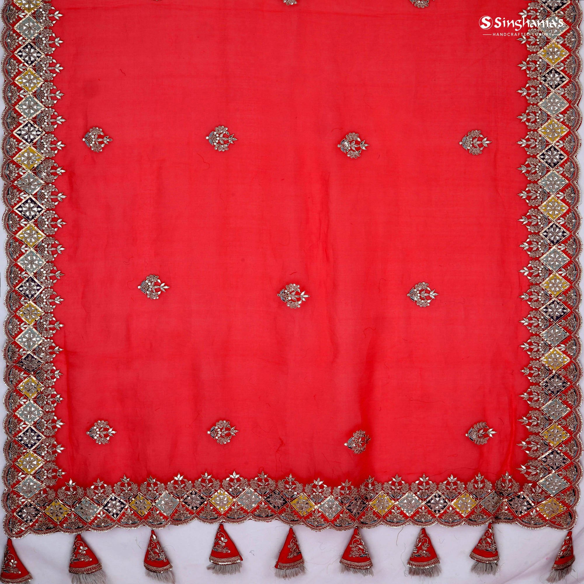 Vibrant Red Organza Saree With Zardozi Embroidery
