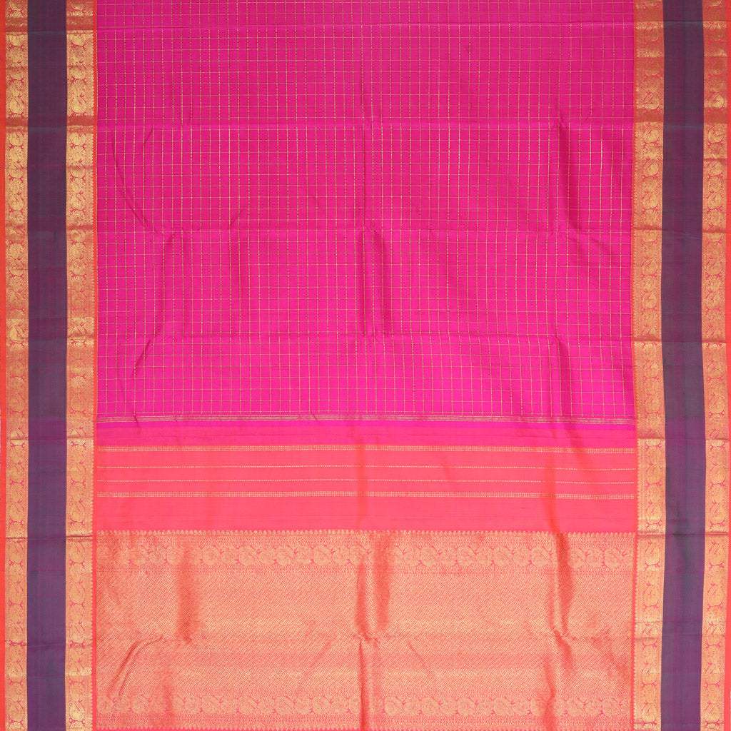 Vibrant Pink Kanjivaram Silk Saree With Checks Pattern - Singhania's