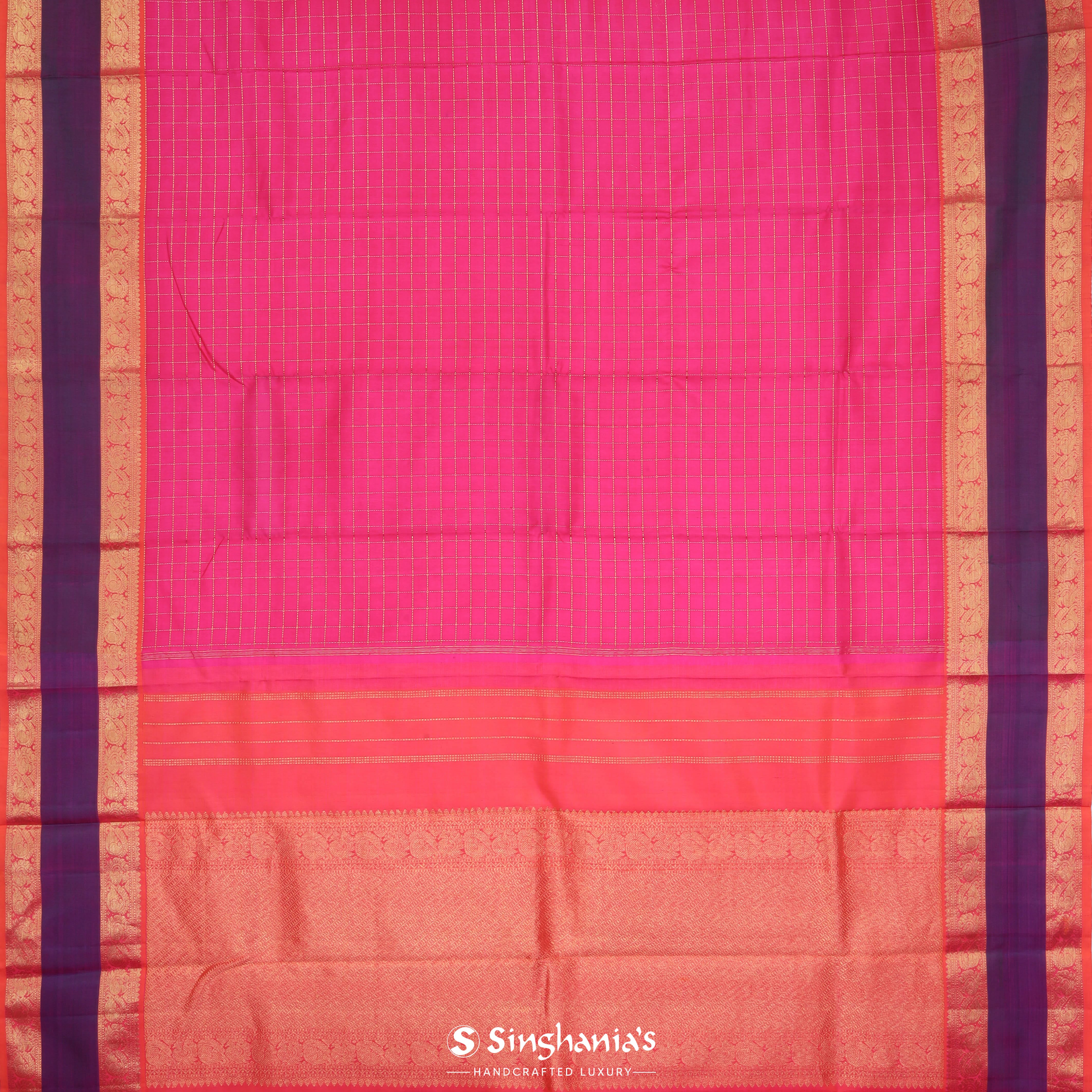 Cherish Pink Kanjivaram Silk Saree With Checks Pattern