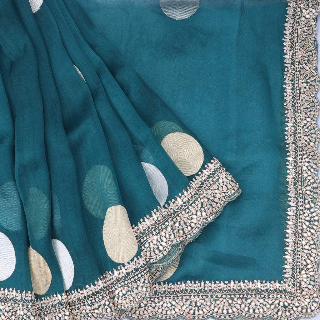 Teal Blue Embroidery Organza Saree With Gota Patti Embroidery - Singhania's