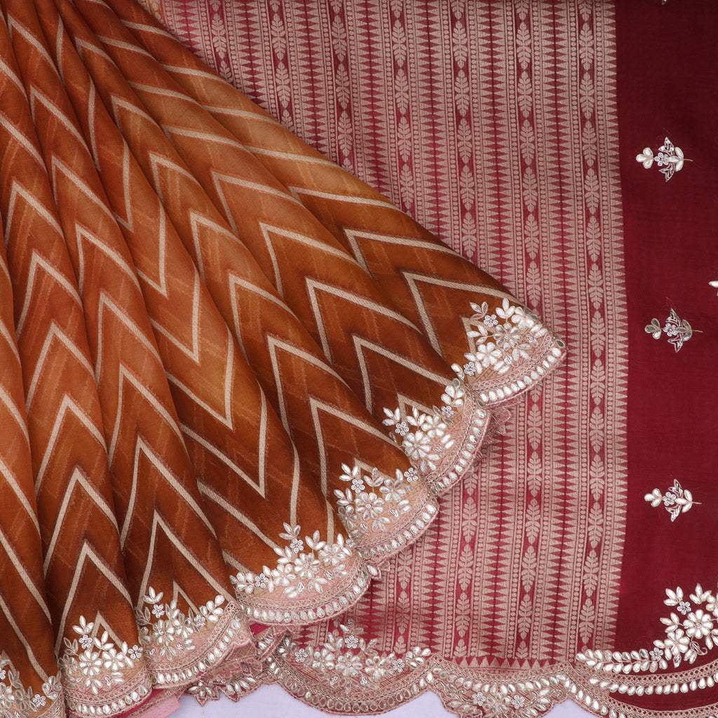 Brown Ombre Organza Saree With Gota Patti Embroidery - Singhania's