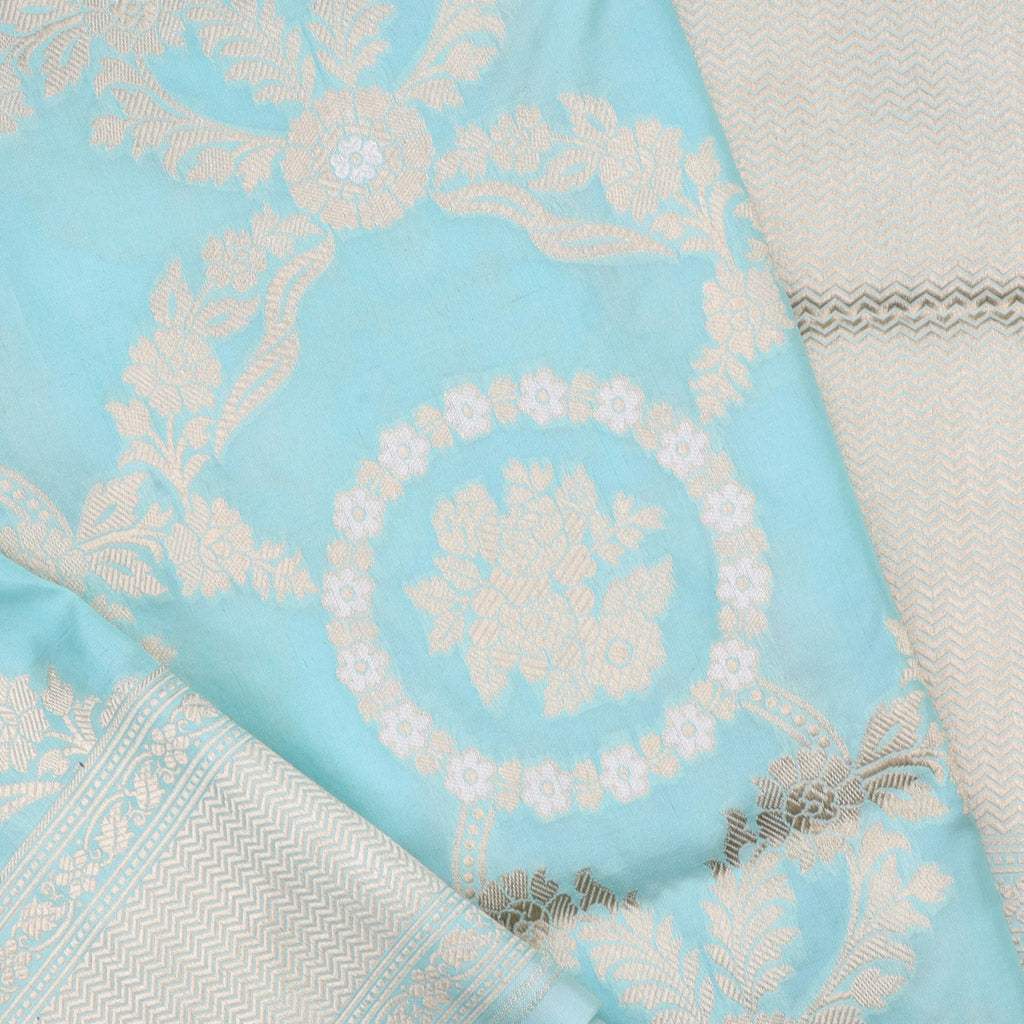 Light Arctic Blue Banarasi Silk Handloom Saree With Floral Jaal Design - Singhania's