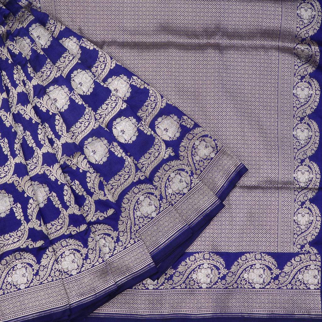 Royal Blue Banarasi Silk Handloom Saree With Jaal Design - Singhania's