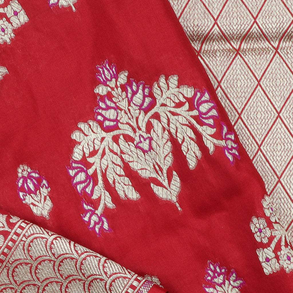 Sindoor Red Banarasi Silk Handloom Saree With Floral Buttas - Singhania's