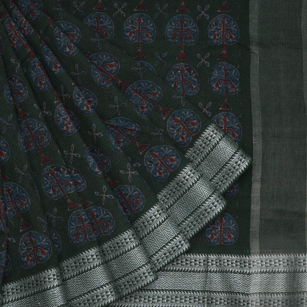 Dark Forest Green Printed Cotton Saree - Singhania's