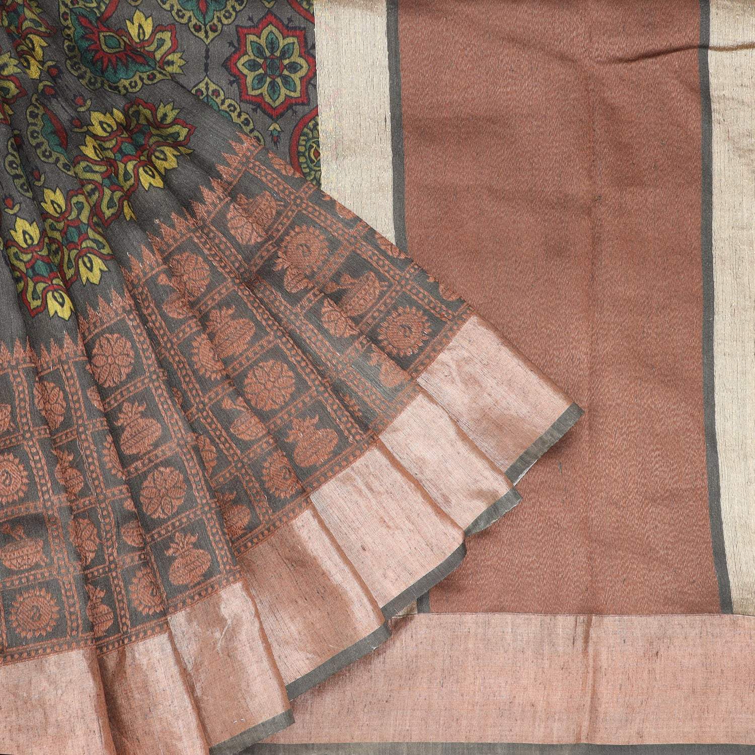 Earthy Grey Printed Matka Silk Saree - Singhania's