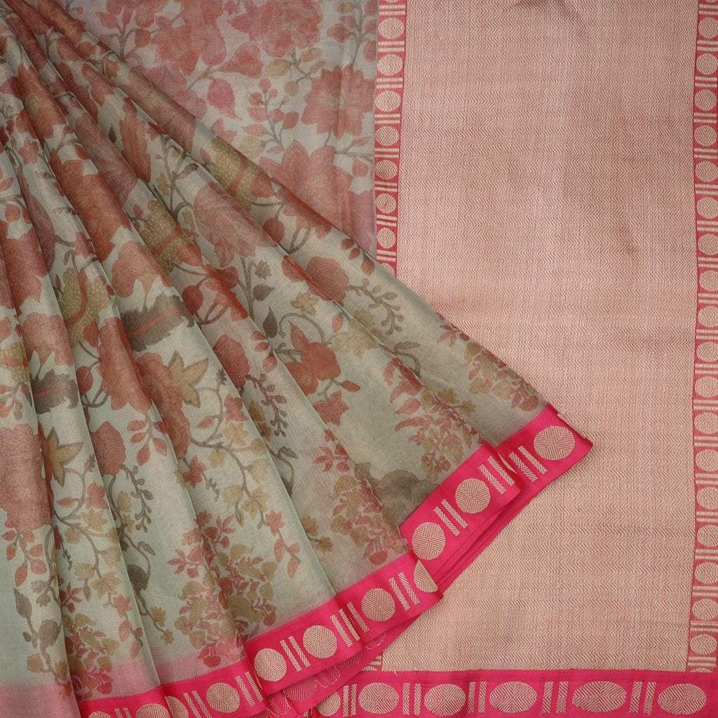 Pastel Green Floral Printed Tissue Saree - Singhania's