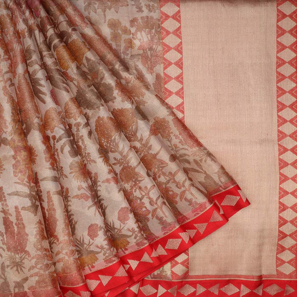 Pastel Beige Floral Printed Tissue Saree - Singhania's