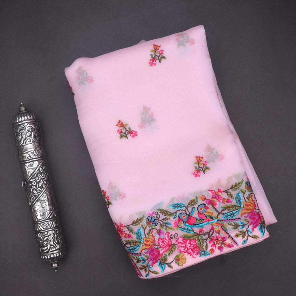 Soft Pastel Pink Floral Embroidered Organza Saree - Singhania's