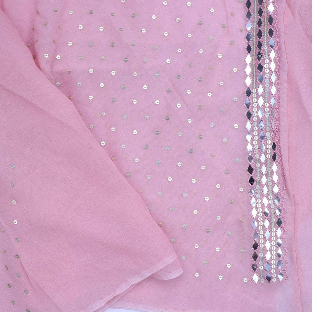 Baby Pink Sequin Embroidered Georgette Saree With Mirror Work - Singhania's