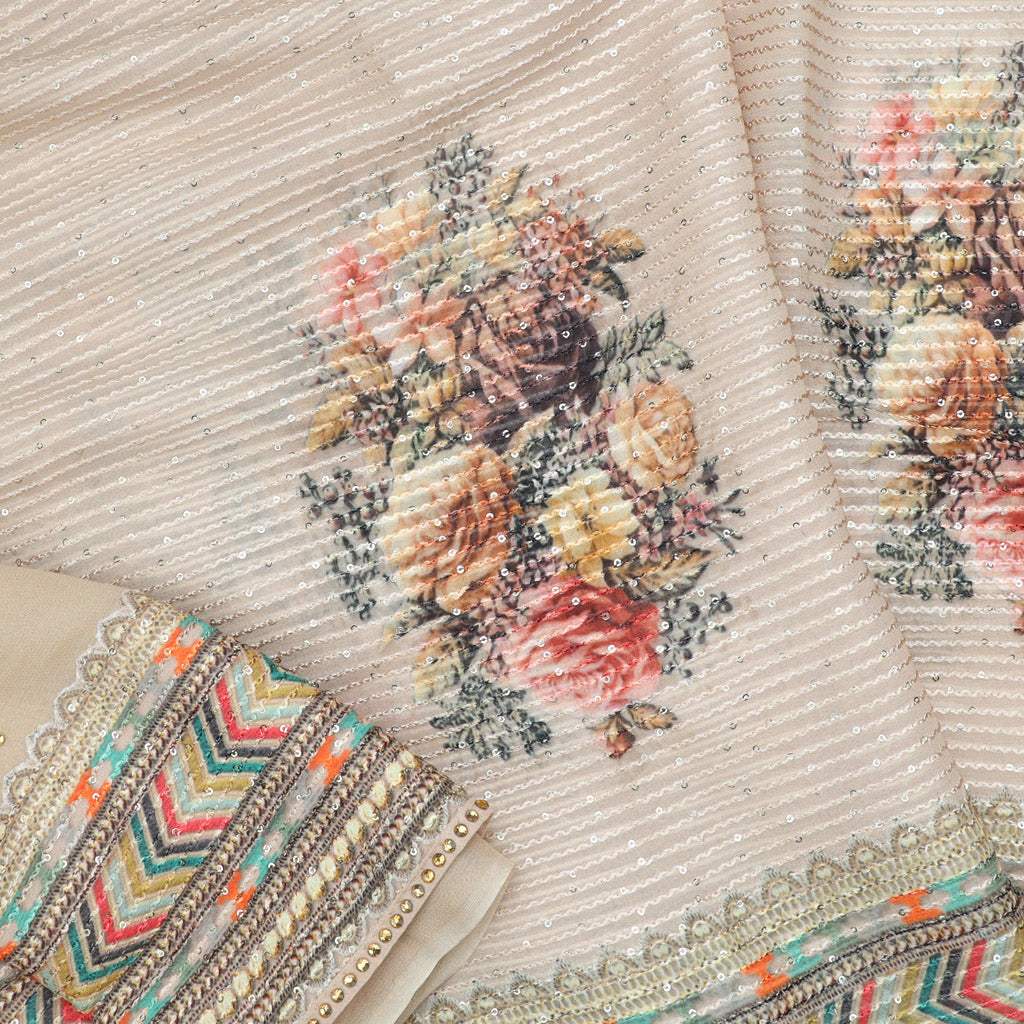 Pastel Beige Embroidered Georgette Saree - Singhania's