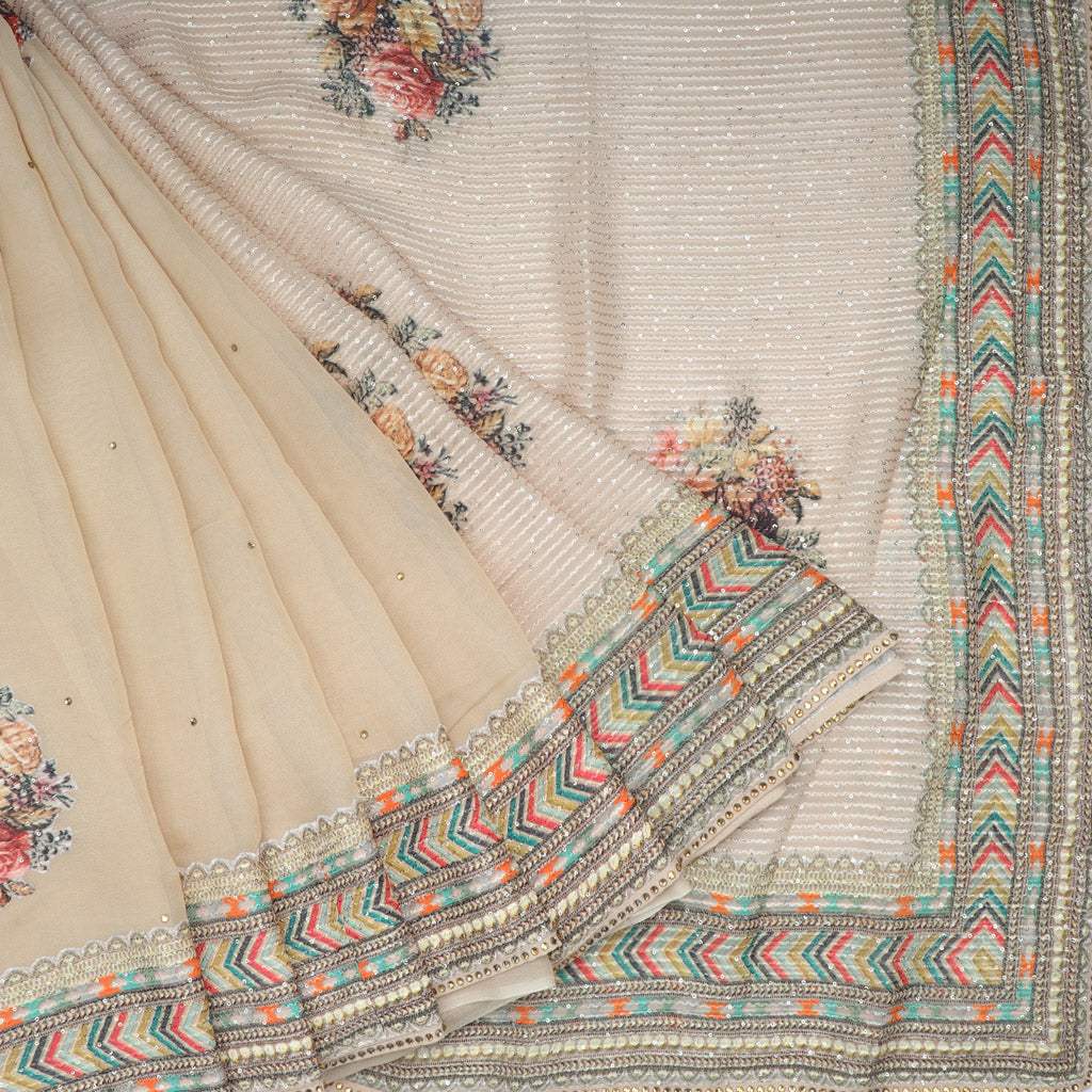Pastel Beige Embroidered Georgette Saree - Singhania's