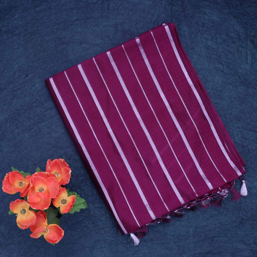 Magenta Pink Silk Saree With Silver Stripes Pattern - Singhania's