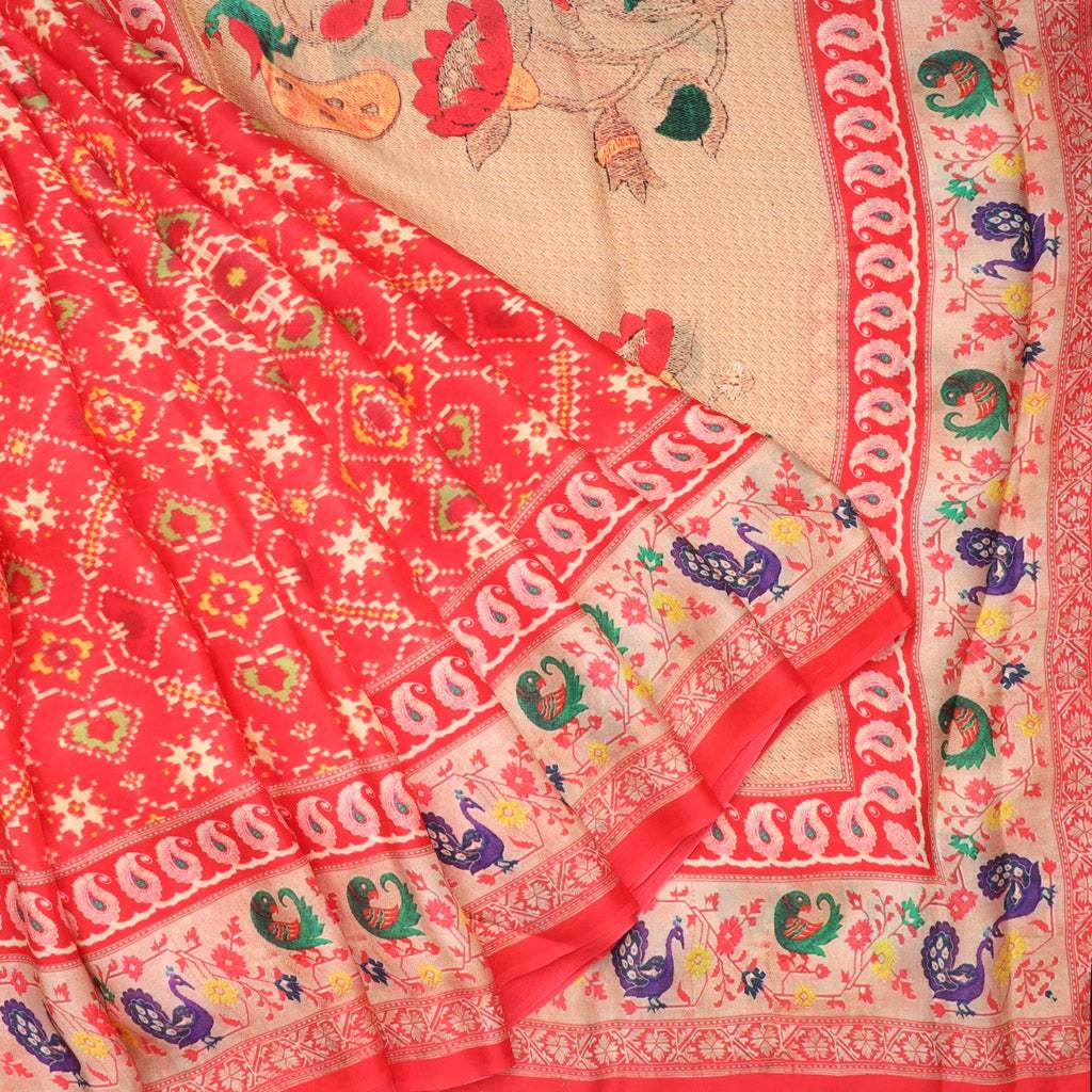 Tart Red Printed Satin Silk Saree - Singhania's