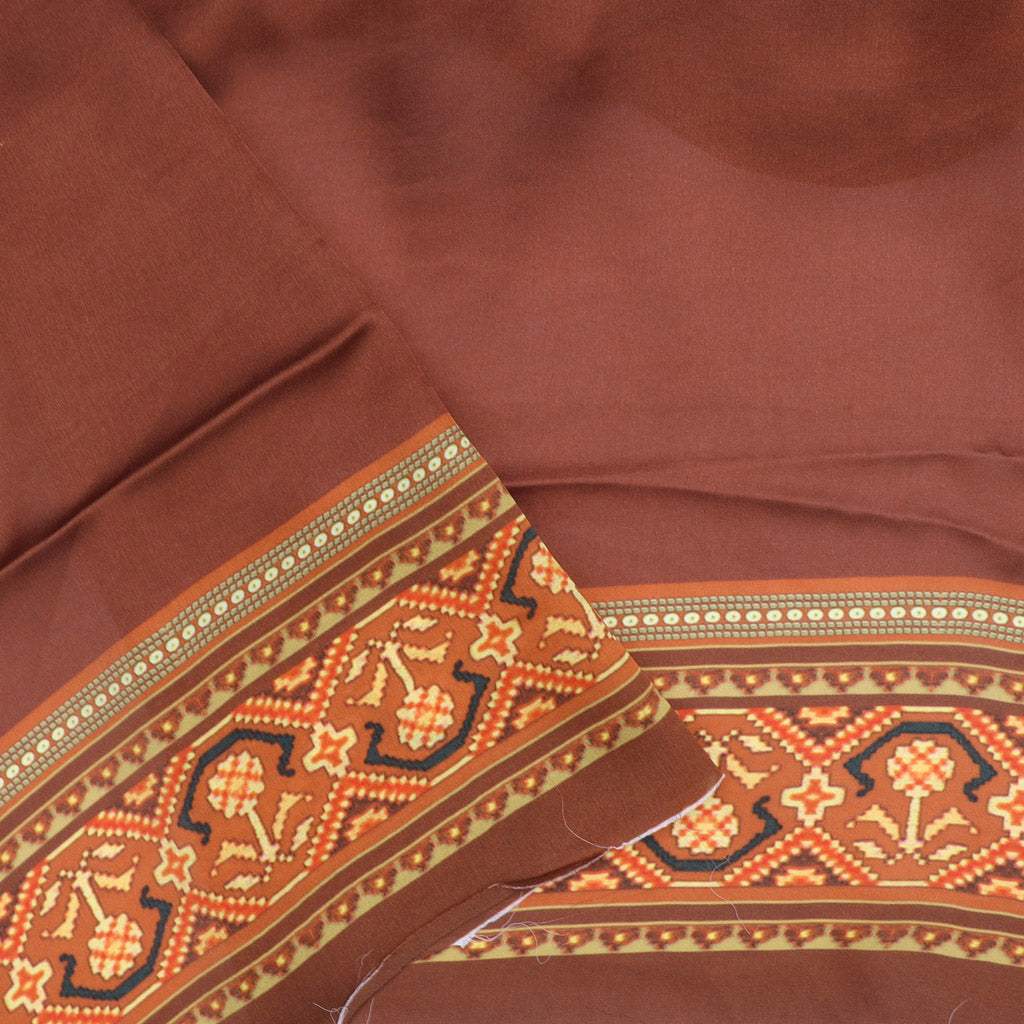 Brown Printed Satin Silk Saree With Zig-Zag Pattern - Singhania's