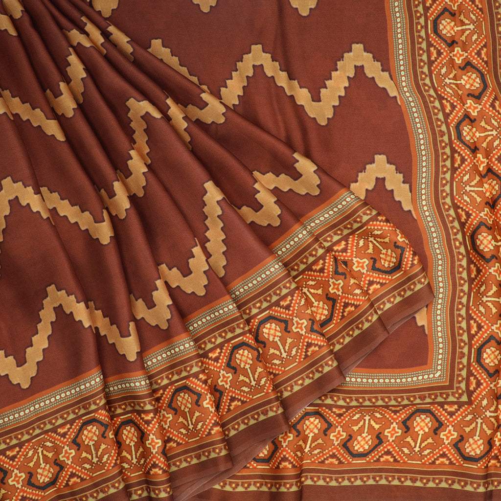 Brown Printed Satin Silk Saree With Zig-Zag Pattern - Singhania's