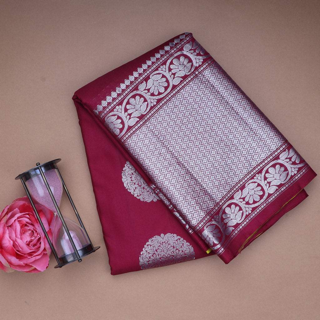 Magenta Pink Kanjivaram Silk Saree With Floral Buttis - Singhania's
