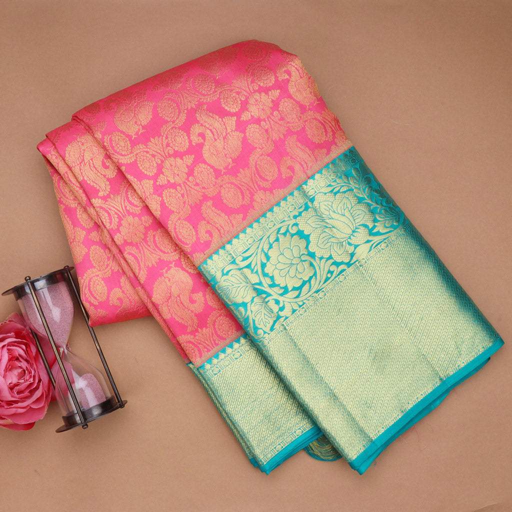 Bubblegum Pink Kanjivaram Silk Saree With Jaal Design - Singhania's