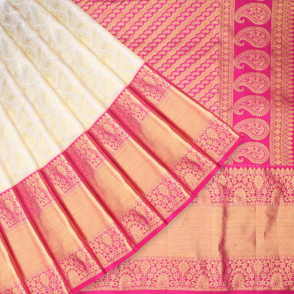 Light Cream Kanjivaram Silk Saree With Paisley Motifs - Singhania's