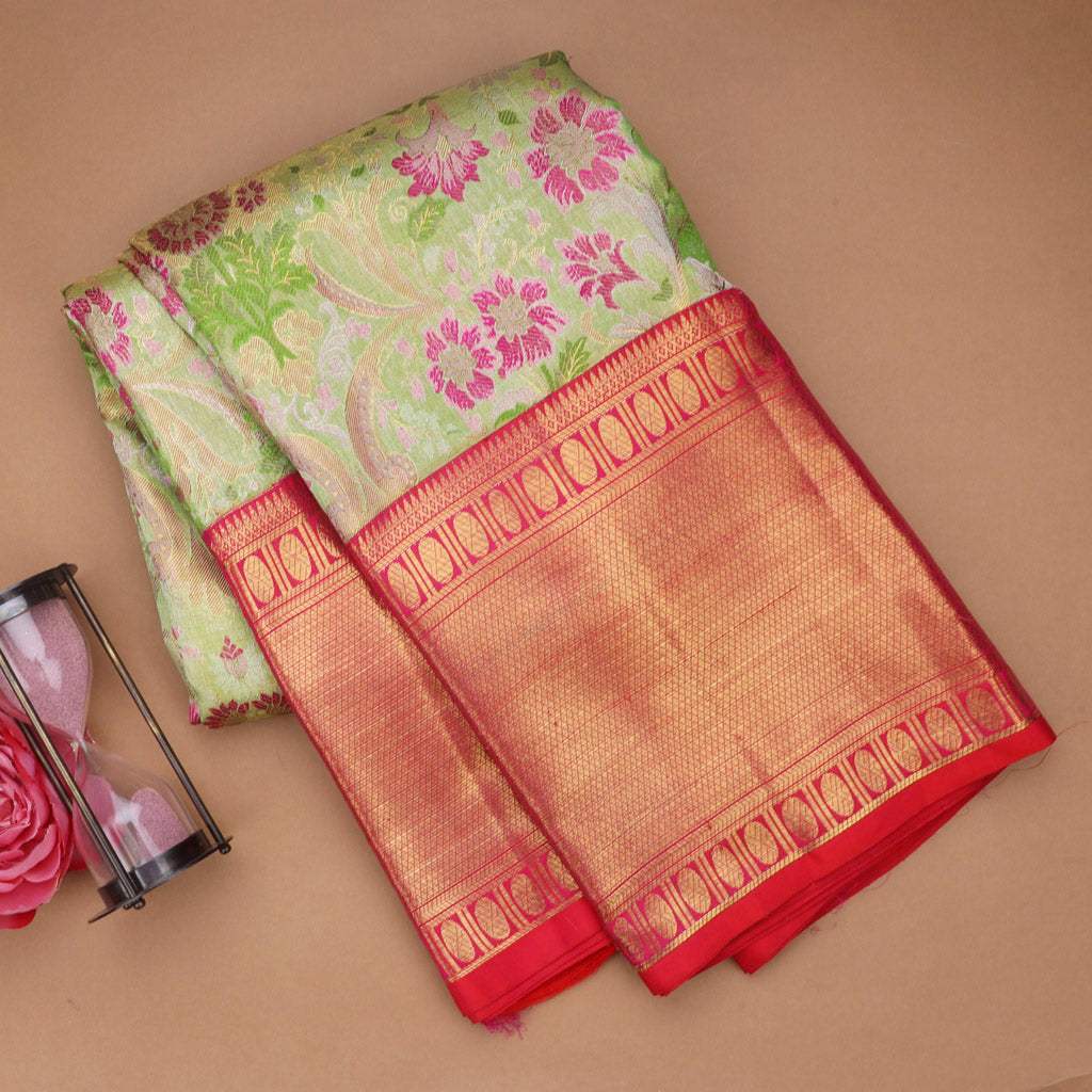 Pastel Green Kanjivaram Silk Saree With Floral Motifs - Singhania's