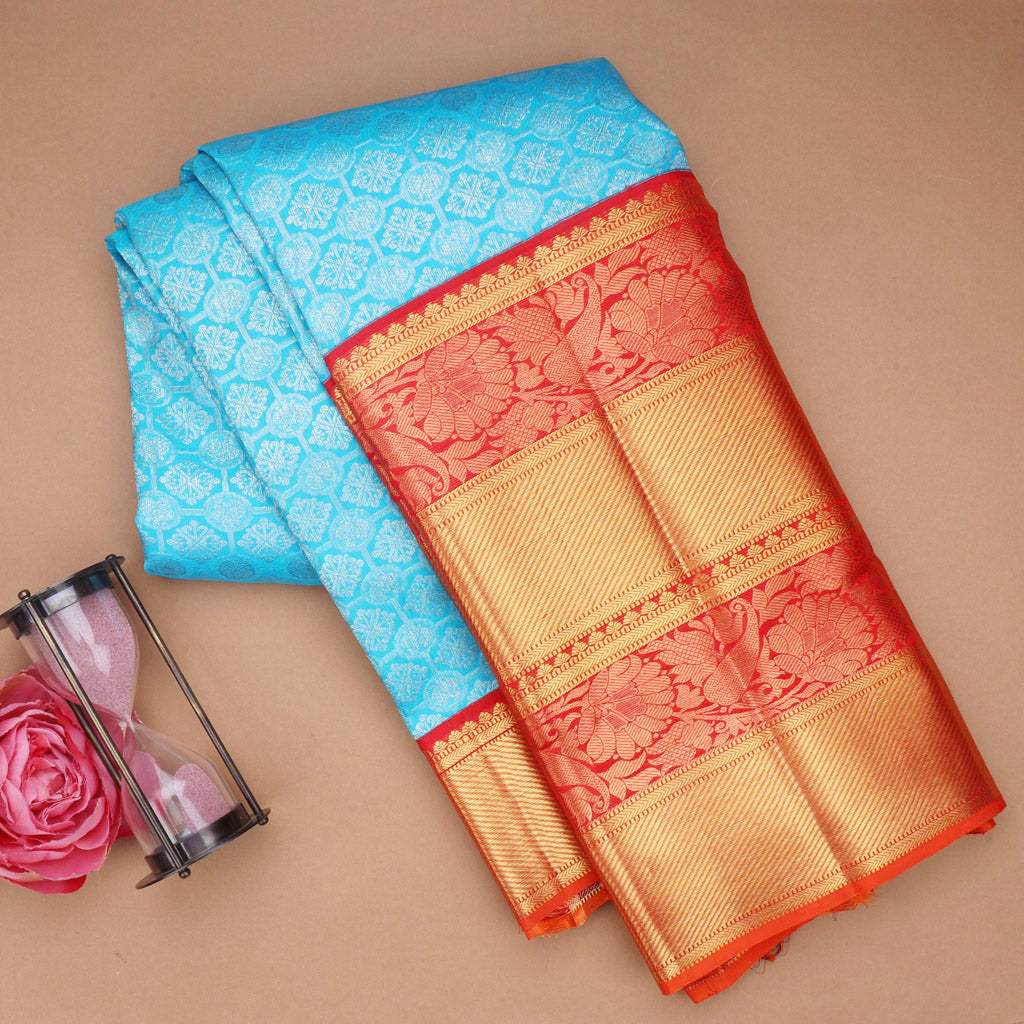 Light Sky Blue Kanjivaram Silk Saree With Floral Buttis - Singhania's