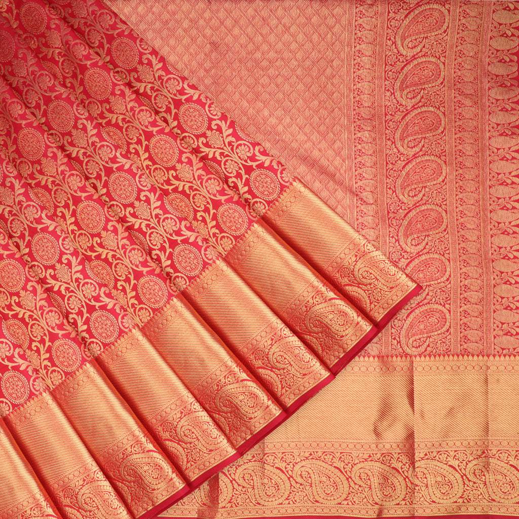 Bright Red Kanjivaram Silk Saree With Floral Jaal Design - Singhania's