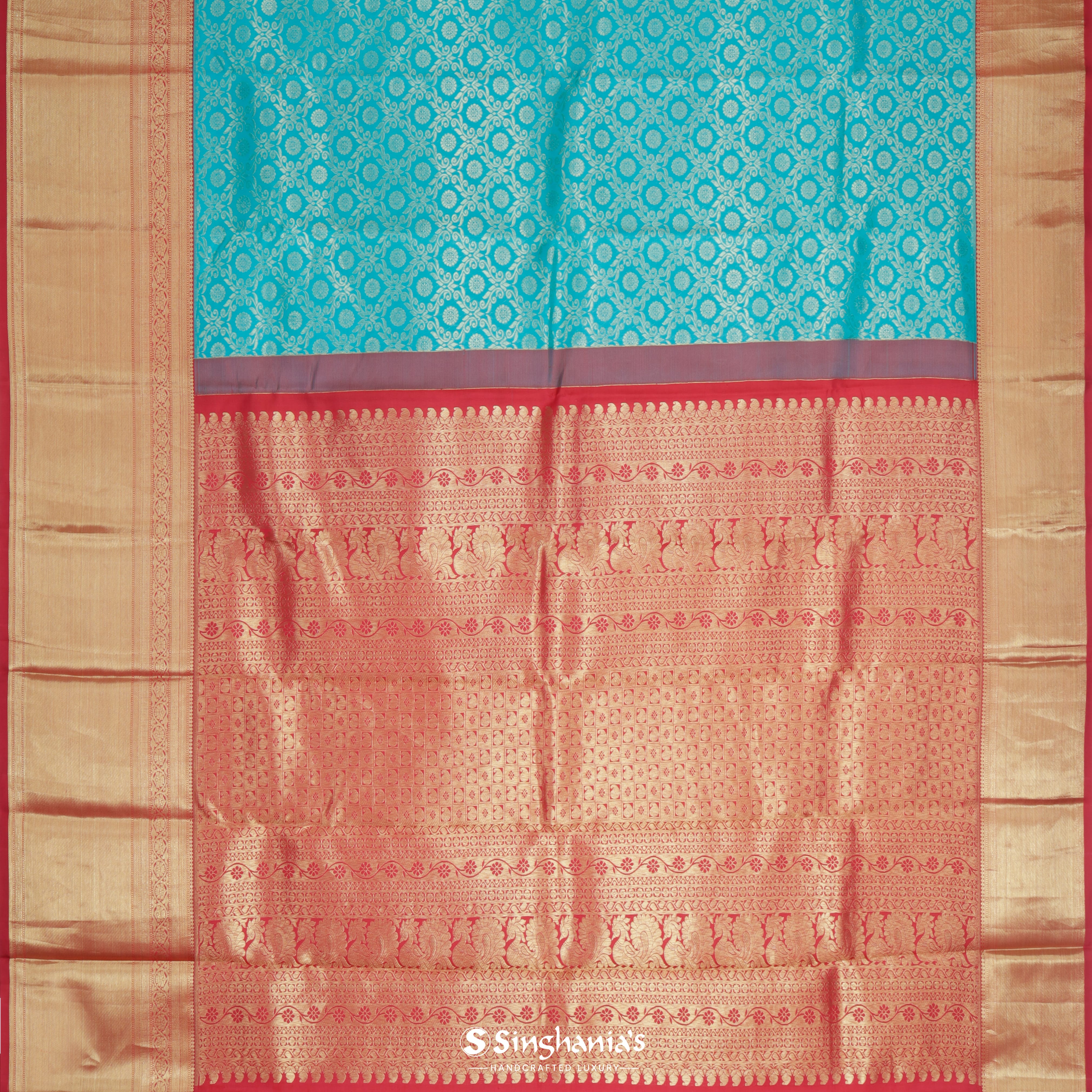 Pacific Blue Silk Kanjivaram Saree With Floral Jaal Pattern
