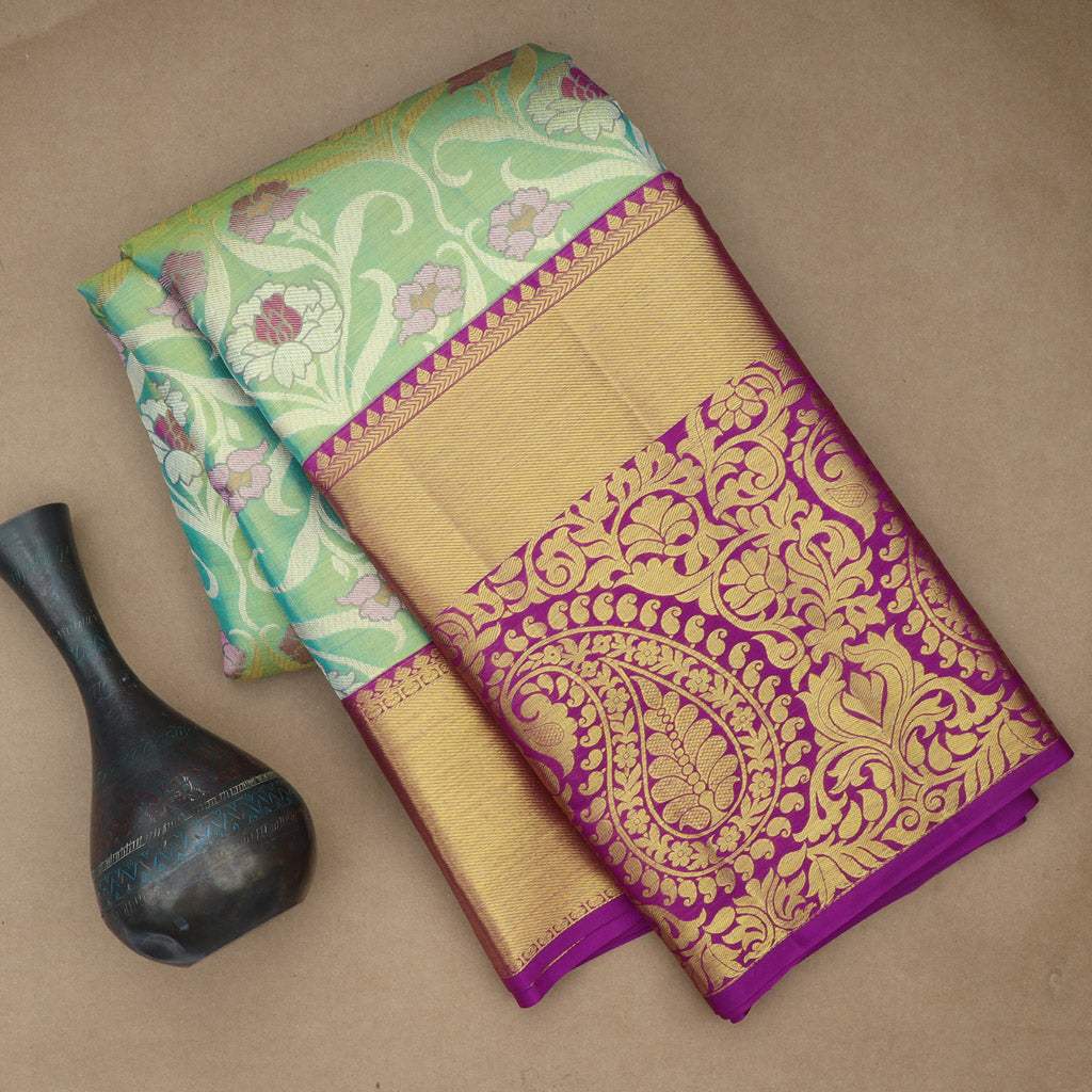 Green Tissue Kanjivaram Silk Saree With Floral Motifs - Singhania's