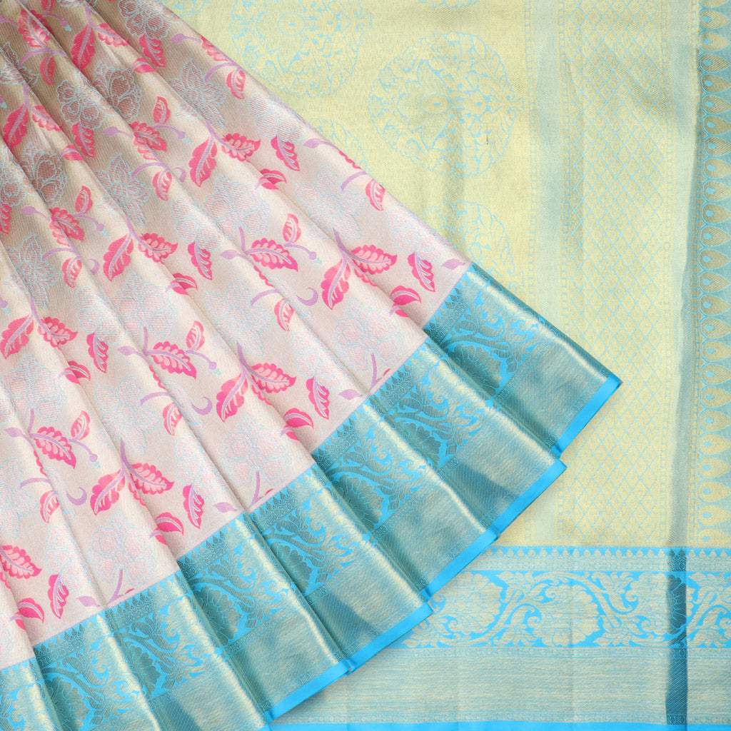 Pastel Light Pink Kanjivaram Silk Saree With Floral Motifs - Singhania's