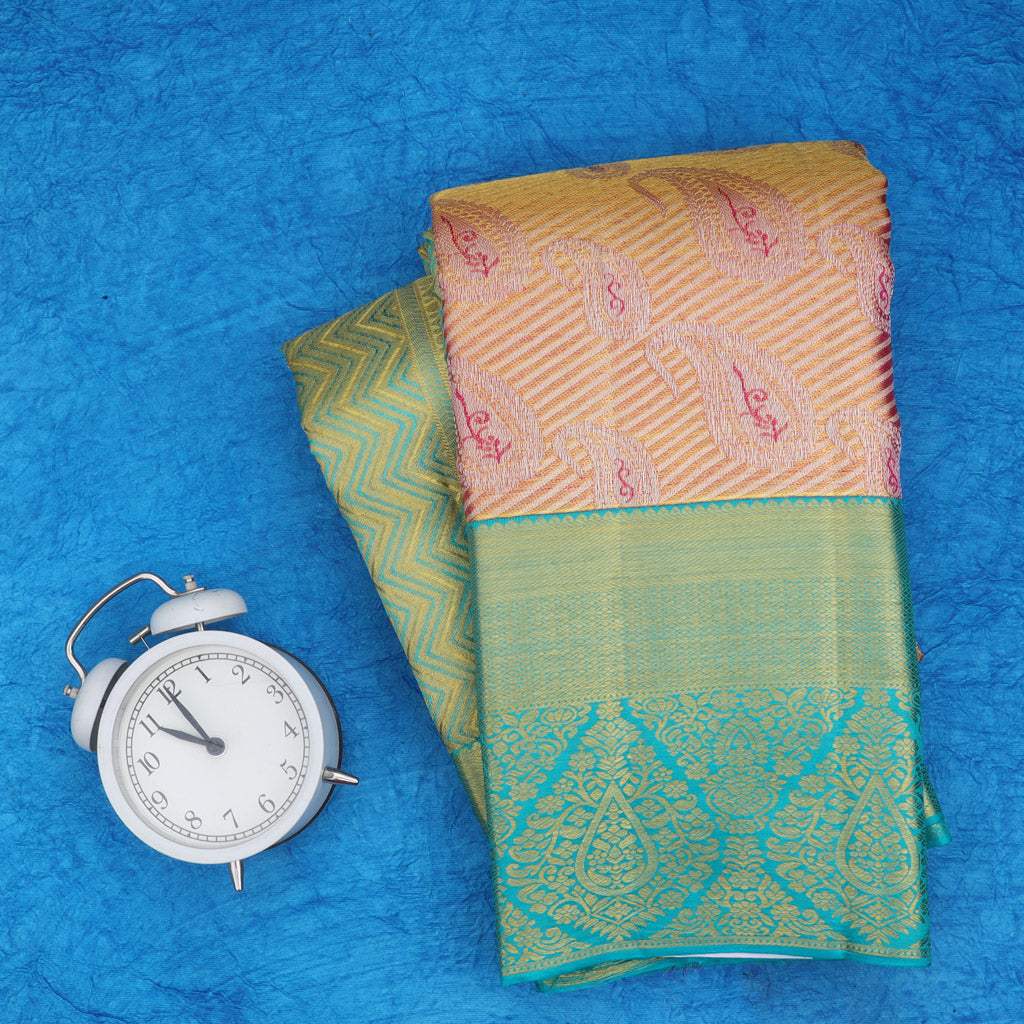 Pastel Peach Tissue Kanjivaram Silk Saree With Paisley Motifs - Singhania's