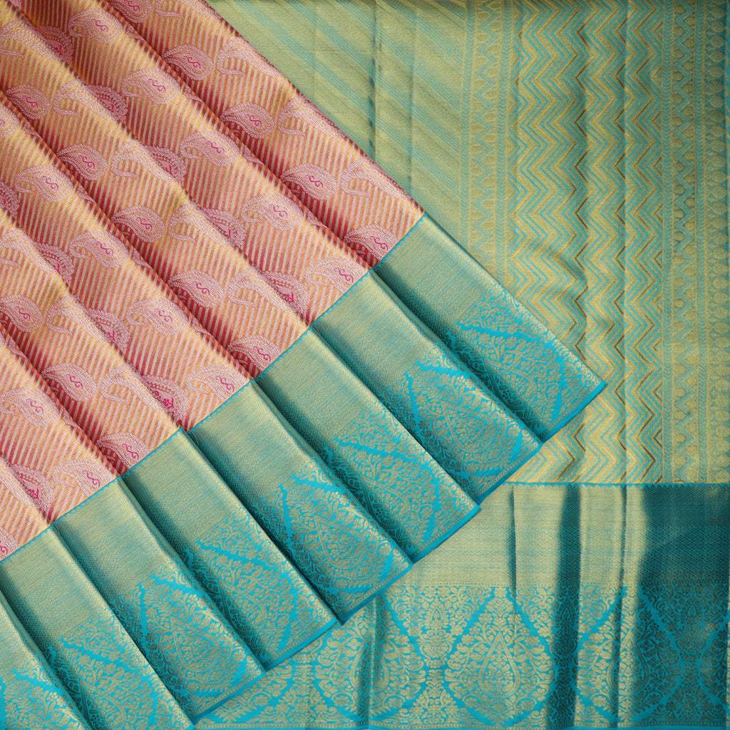 Pastel Peach Tissue Kanjivaram Silk Saree With Paisley Motifs - Singhania's