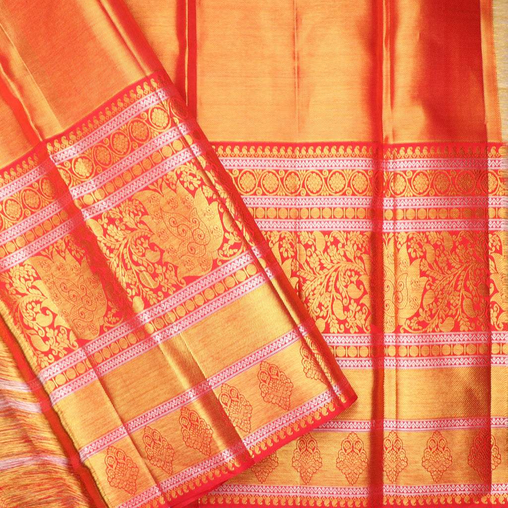 Light Gold Tissue Kanjeevaram Silk Saree With Leaf Motifs - Singhania's