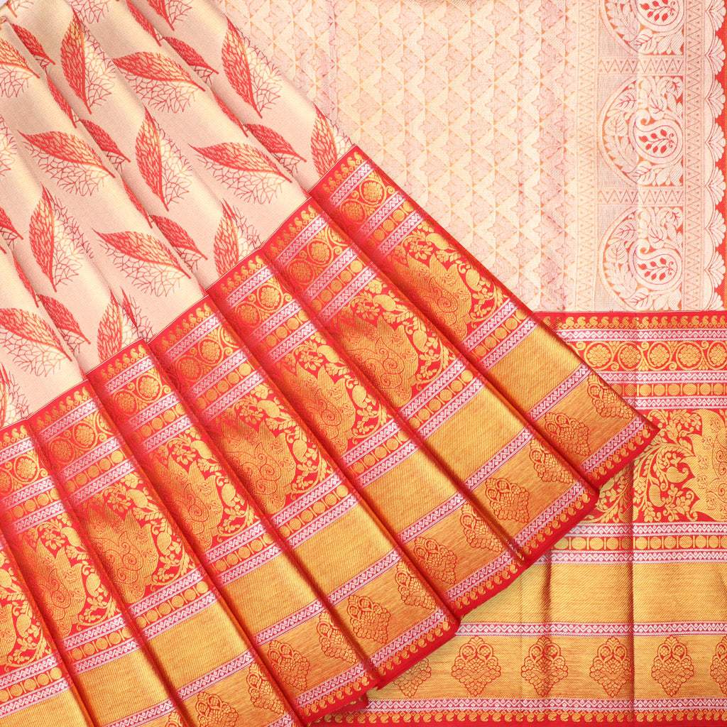 Light Gold Tissue Kanjeevaram Silk Saree With Leaf Motifs - Singhania's