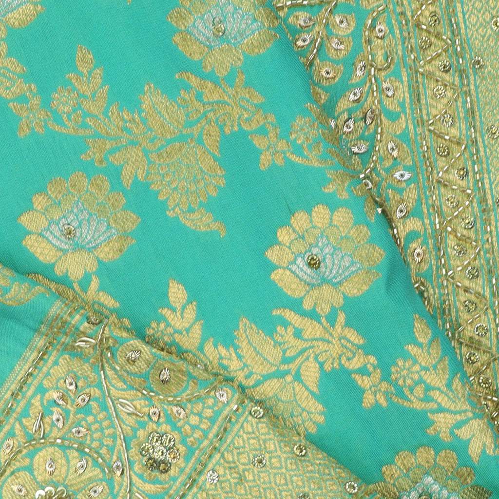 Bright Turquoise Blue Silk Saree With Floral Jaal Design - Singhania's