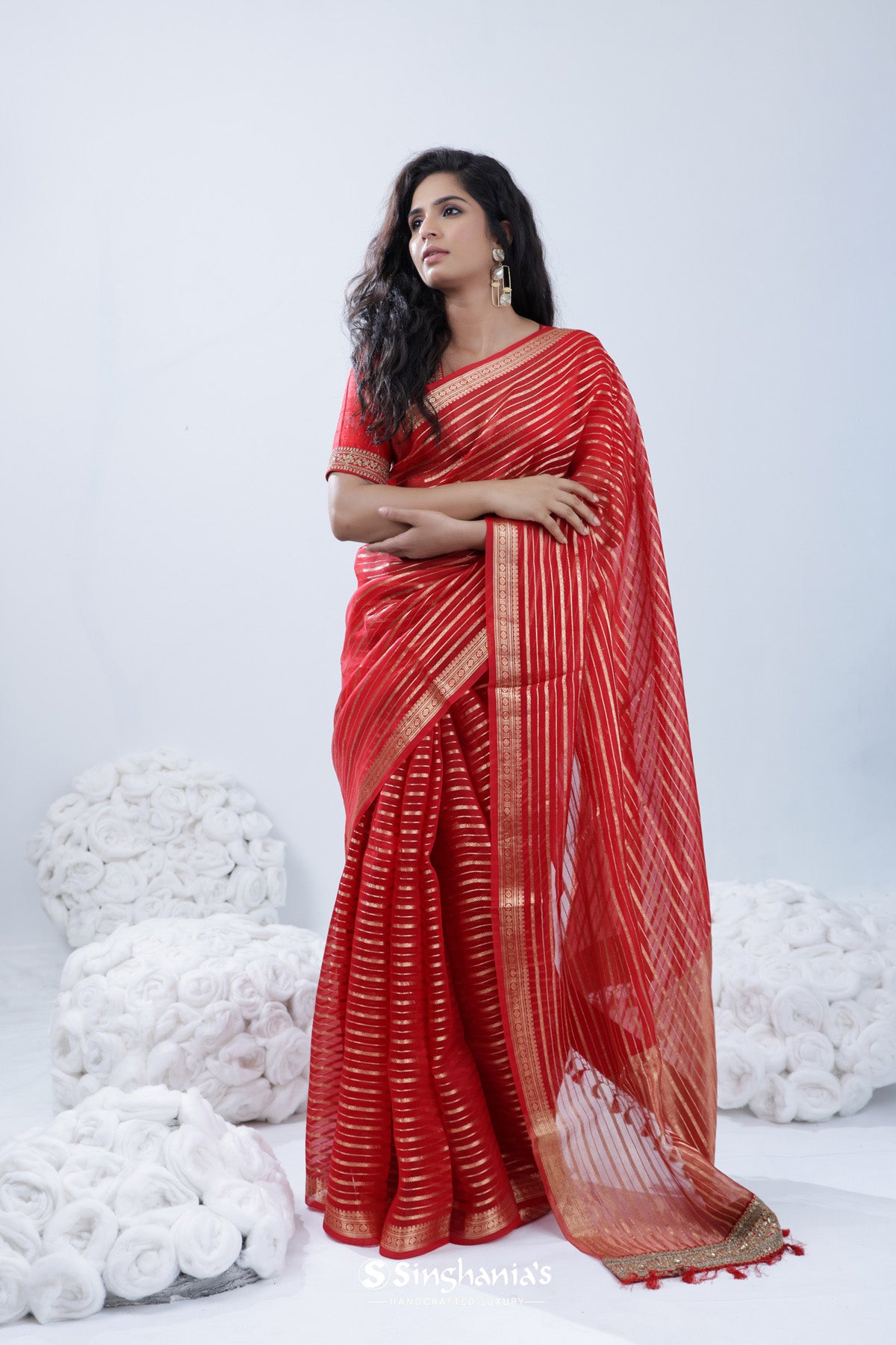 Persian Red Designer Organza Saree With Embroidered Border