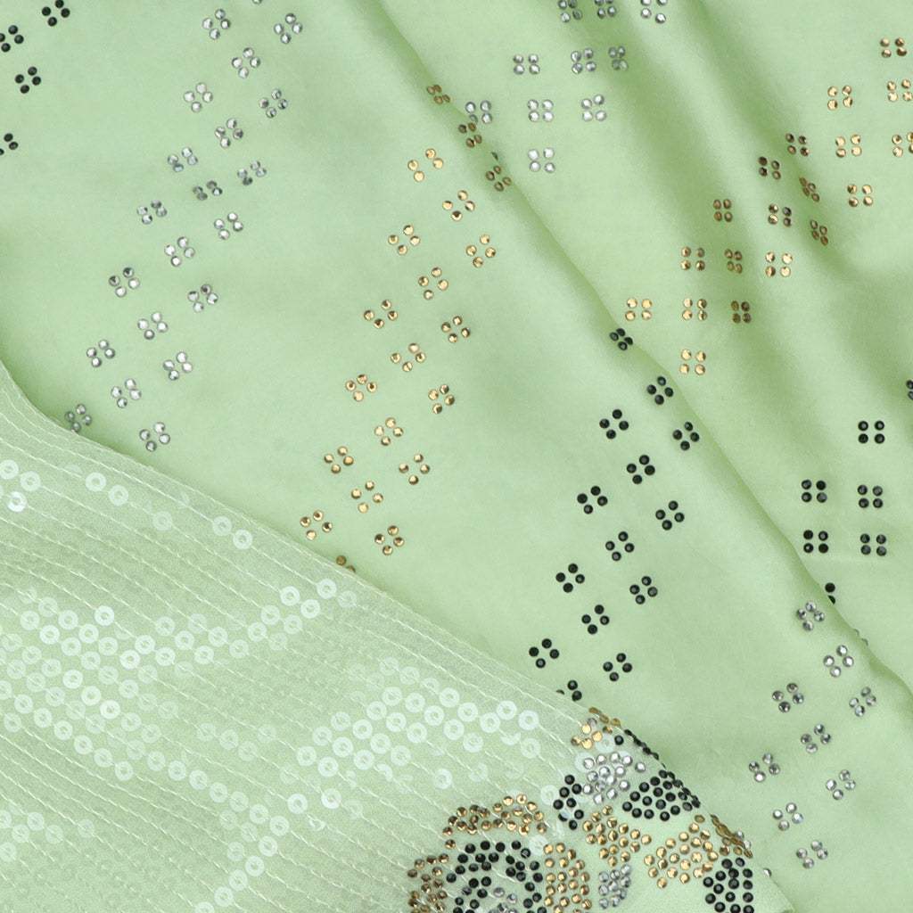 Mint Green Satin Silk Saree In Diagonal Stripes Pattern - Singhania's