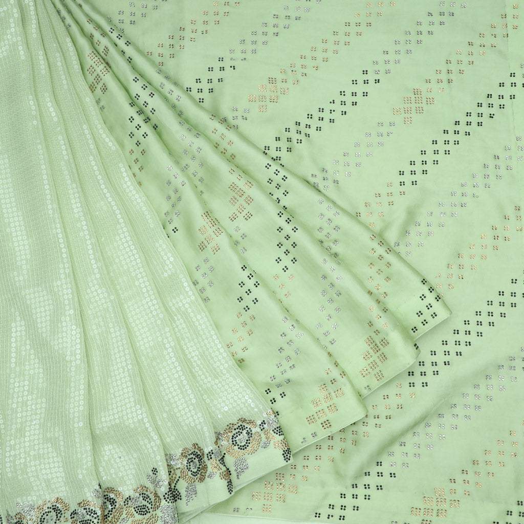 Mint Green Satin Silk Saree In Diagonal Stripes Pattern - Singhania's