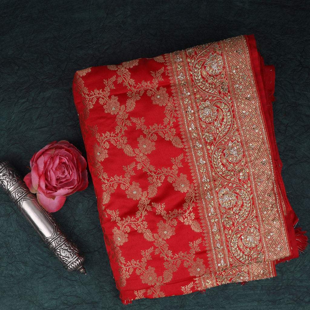 Red Floral Embroidery Silk Saree - Singhania's