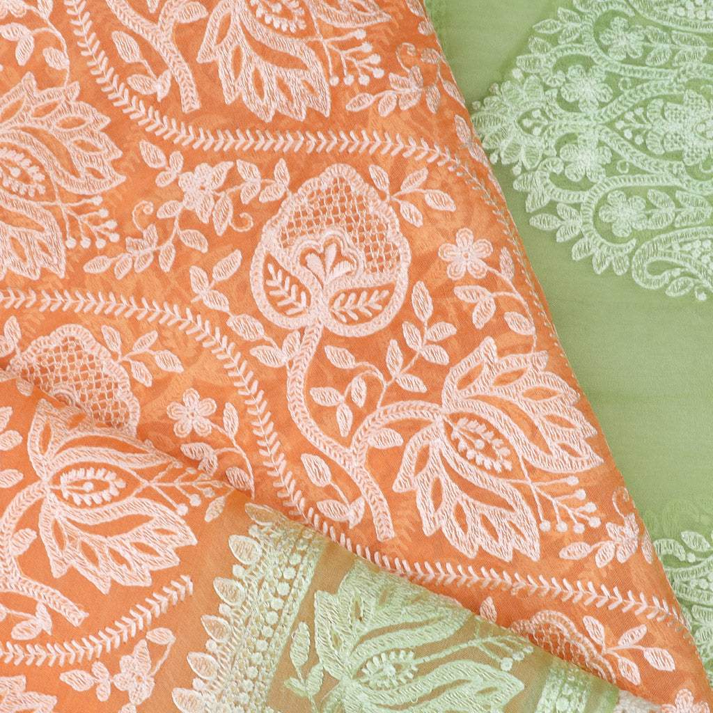 Light Coral Orange Floral Embroidery Organza Saree - Singhania's