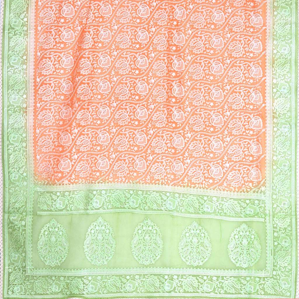 Light Coral Orange Floral Embroidery Organza Saree - Singhania's