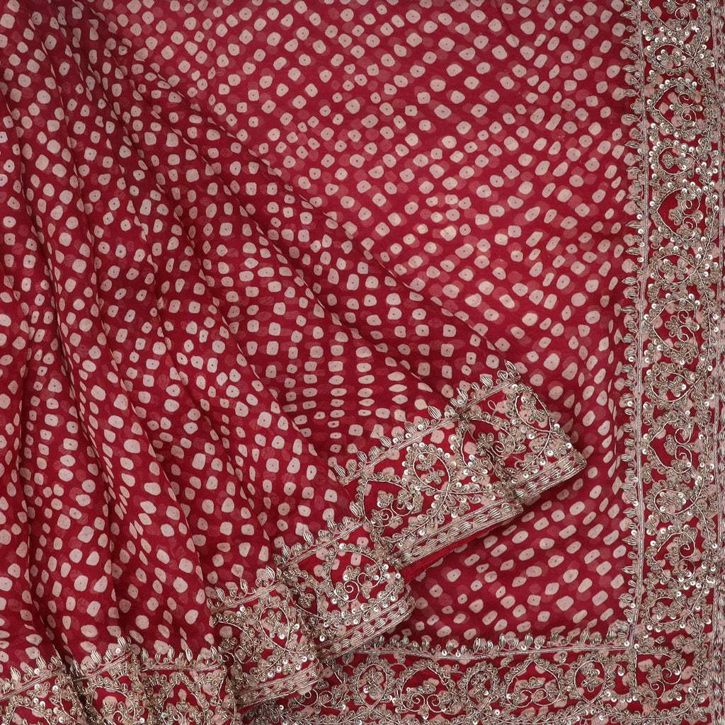 Cardinal Red Zardozi Embroidery Organza Saree With Bandhani Print - Singhania's